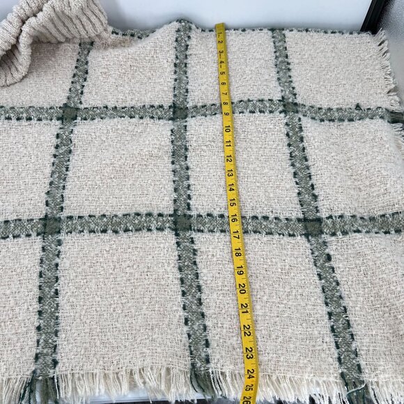 World Market OS Boucle Turtleneck Poncho Beige Sage Green Plaid Fringe Sweater - Picture 5 of 9
